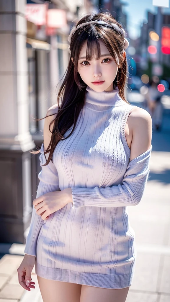 1 girl,((Oversized high neck cable knit,short knit dress,I can see your thighs,I can see your shoulders,Dramatic Pose)),smile,Walking the streets at night,RAW Photos, (8k、Best Quality、masterpiece:1.2)、(Intricate details:1.4)、(Photorealistic:1.4)、Octane Rendering、Complex 3D rendering with ultra-detail, Professional Lighting, Rim Light, Vivid details, Super Detail, Realistic skin texture, Detailed aspect, Very beautiful face,Beautiful detailing, Highly detailed CG Unity 16k wallpaper, compensate, (Detailed Background:1.2), Glowing Skin, whole body、((From head to thighs)),(Large Breasts),Flaxen straight layered hair,(Realistic:1.35), (Ultra-high resolution)白いミニスカートニットドレス👗、