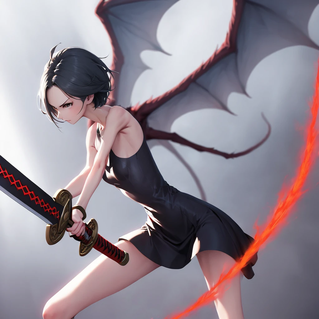 skinny skinny girl. in a short dress. with a huge two-handed sword fights against demons