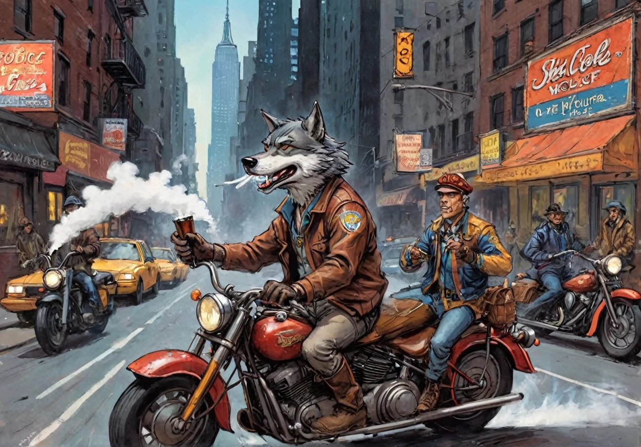 Hokey Wolf smoking cigar riding in motorcycle on New York City, art by Joseph Barbara