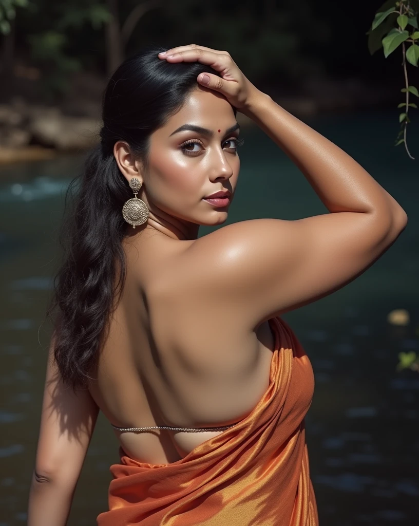 portrait,(NSFW 0.75) boy,woman, ((princess pose)) ,very very big breast, soft nylon sexy saree , orange , pink ,teal,red, yellow colour ,flower design modern light wedding saree,  colorful, flower armor,  good anatomy,  best quality,  (((masterpiece))),  high quality,  realist,  best detailed,  details,  realist skin,  skin detailed,  underboobs,  beautiful  posing under a fairy tale of exotic magic,lehenga choli, girl immersed in water , soaked saree, meadows background , bokeh effect , chubby , nipple slip , put milk in breast,off shoulder, strapless blouse, different saree wearing style,(multi chain jewellery blouse),(wearing jewellery on blouse)(buttocks and looking back)