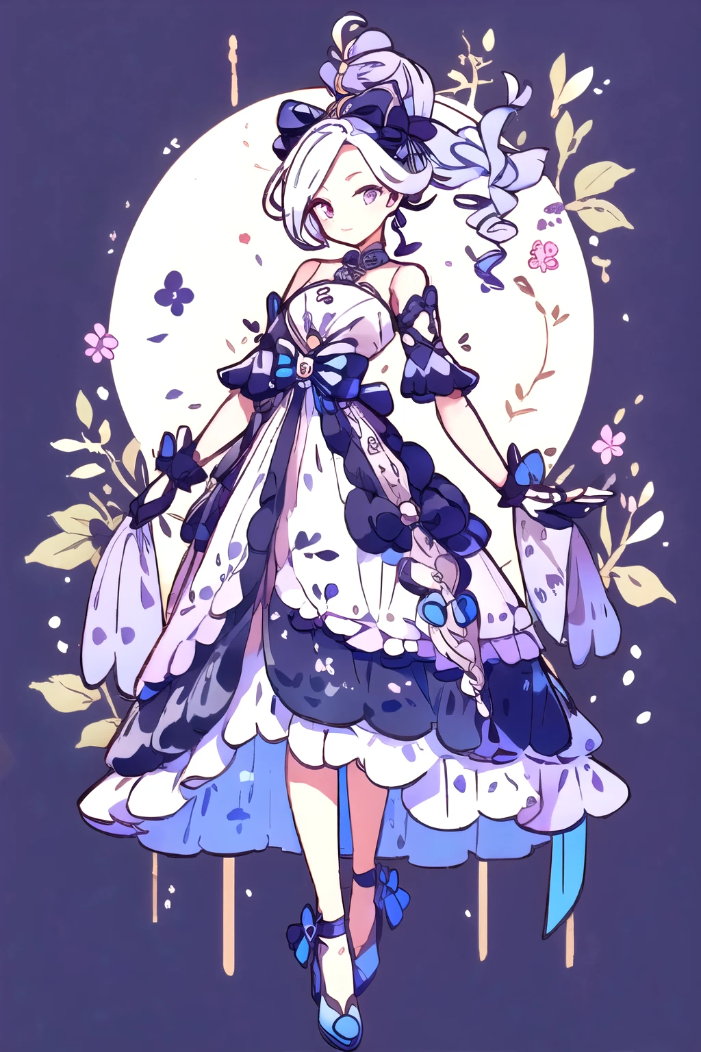 Character Design，Q version，Qibi，Lovely，Head to body proportions，Fashion Design，Lolita prostitute，Gorgeous dress，Gloves，Long hair，very complicated，Beautiful，Shift Dress，Bow，Ruffles，Ribbon，Gentle，Gentle，Purple background，Purple vibe，Gentle动态，Lady，