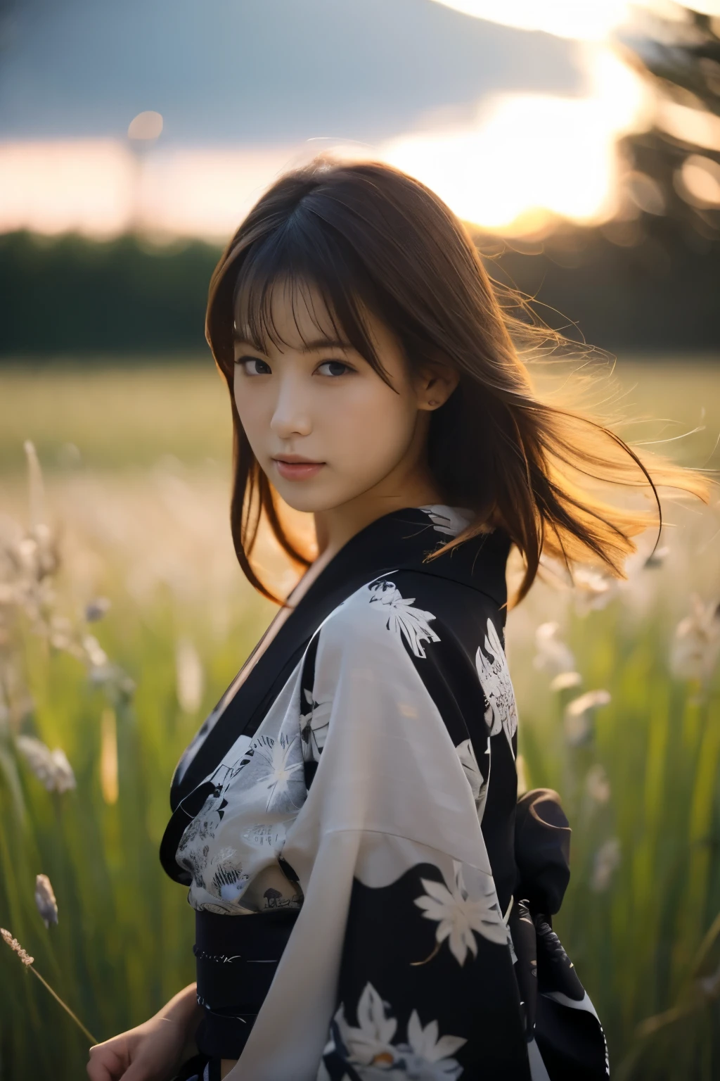 1 girl, (She is wearing a cute yukata:1.2), Very beautiful Japanese idol portraits, 
(RAW Photos, Best Quality), (Realistic, Realistic:1.4), (masterpiece), 
Very delicate and beautiful, Very detailed, 2k wallpaper, wonderful, finely, Very detailed CG Unity 8K wallpaper, Very detailed, High resolution, Soft Light, 
Beautiful detailed girl, Very detailed目と顔, Beautiful and sophisticated nose, Beautiful and beautiful eyes, Cinema Lighting, 
(Standing on a silvery meadow on a moonlit night:1.3), (Big Moon), (月明かりに浮かぶ少女のwhole bodyのシルエット), (Dark screen:1.5), 
(Medium Hair), (hair blowing in the wind), (whole body), 
Complete Anatomy, Slender body, Small breasts