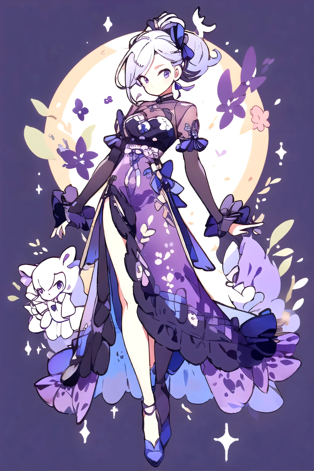 Character Design，Q version，Qibi，Lovely，Head to body proportions，Fashion Design，Lolita prostitute，Gorgeous dress，Gloves，Long hair，very complicated，Beautiful，Shift Dress，Bow，Ruffles，Ribbon，Gentle，Gentle，Purple background，Purple vibe，Gentle动态，Lady，