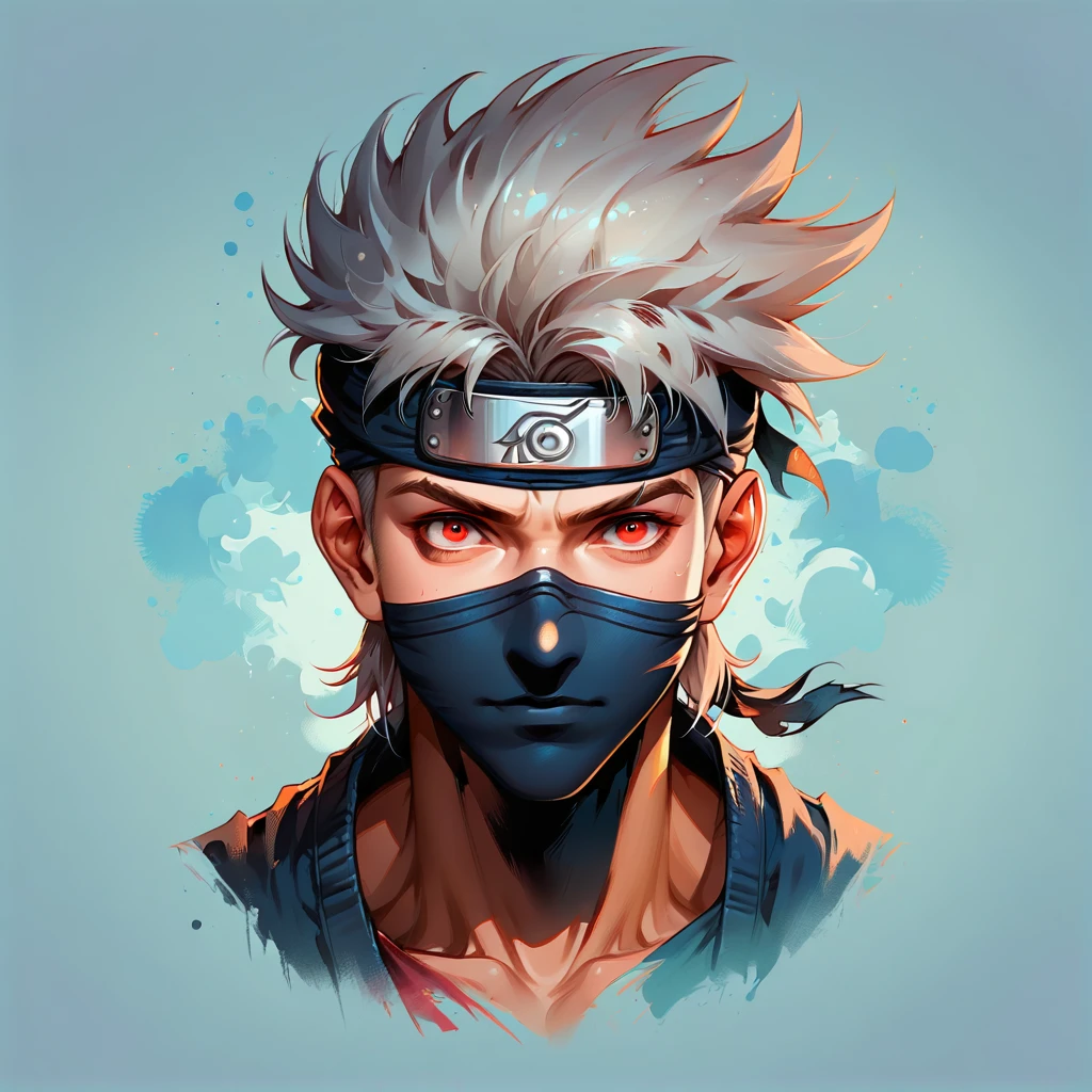 Faded Headshot, faded bottom, faded edges ,score_9,score_8_up,score_7_up,score_6_up,score_5_up, 1boy, kakashi, grey hair, covered mouth, mouth mask, red eye, scar across eye, forehead protector, parted bangs, digital illustration, disney, rule 63, full body, perfect anatomy, perfect face, abstract beauty, beautiful, centered, looking at the camera, approaching perfection, dynamic, moonlight, highly detailed, watercolor painting, artstation, concept art, smooth, sharp focus, illustration, portrait,