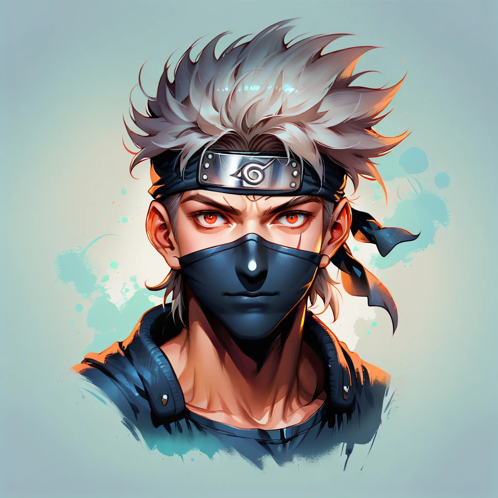 Faded Headshot, faded bottom, faded edges ,score_9,score_8_up,score_7_up,score_6_up,score_5_up, 1boy, kakashi, grey hair, covered mouth, mouth mask, red eye, scar across eye, forehead protector, parted bangs, digital illustration, disney, rule 63, full body, perfect anatomy, perfect face, abstract beauty, beautiful, centered, looking at the camera, approaching perfection, dynamic, moonlight, highly detailed, watercolor painting, artstation, concept art, smooth, sharp focus, illustration, portrait,