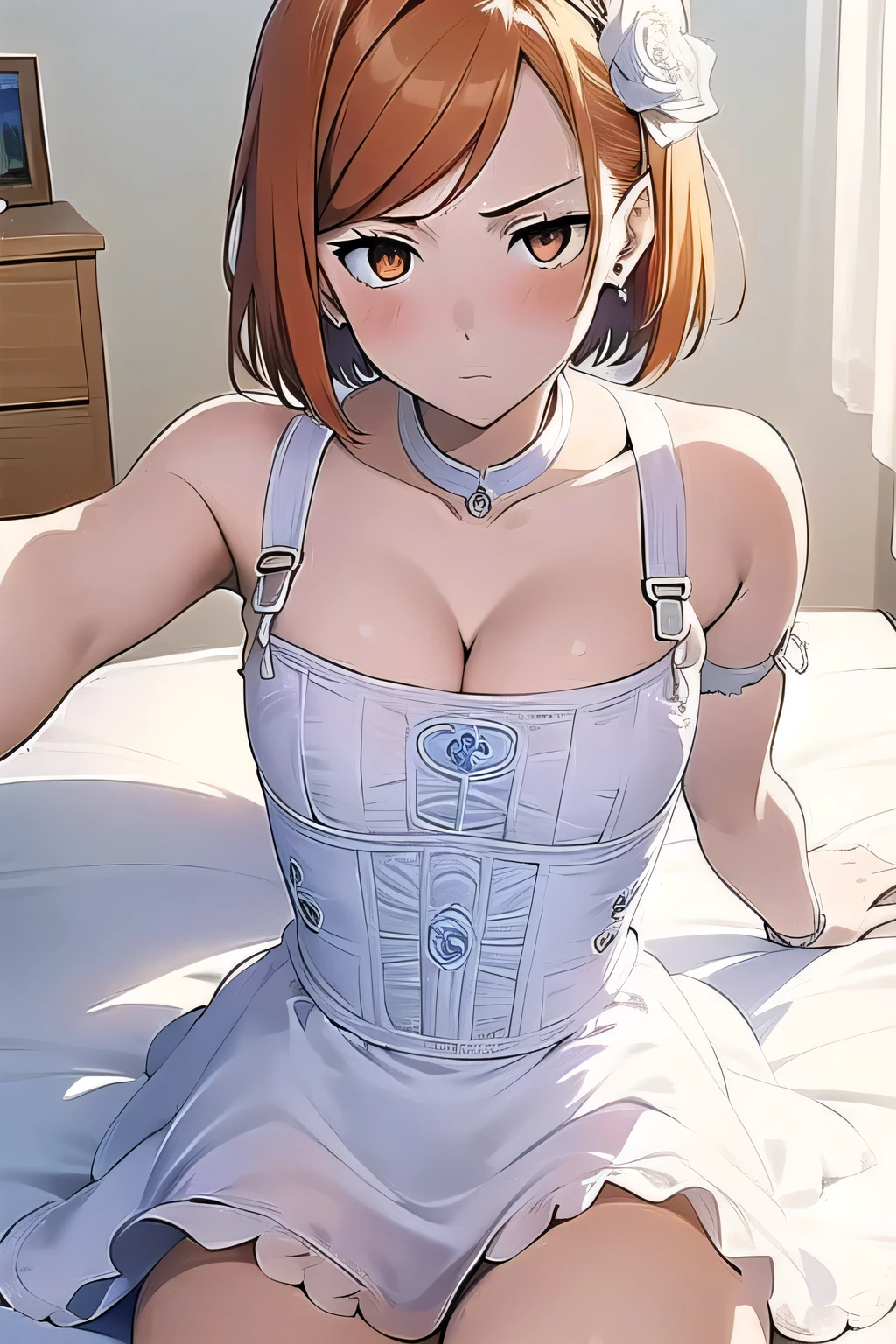 (masterpiece, best quality:1.2), 1girl, female solo, orange eyes, short hair, 160 cm, ginger hair, ch1nac0rs3t, cleavage, overbust blue and white corset,
