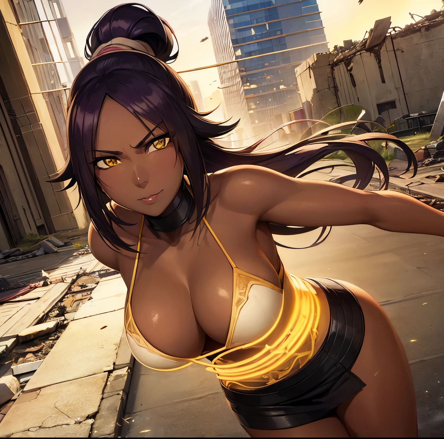 ((1girl)),((alone)),yoruichi shihouin,, \(Bleach \),(masterpiece), (best quality), (ultra detailed), (best illustration), (best shadow), (absurdities) , sharp focus, cowboy shot, atmospheric perspective, depth of field, dynamic posture, ((looking at viewer)), medium breasts, narrow waist, wide hips, toned thighs, round butt, erotic, romantic, (highly detailed eyes, lips 1.1), highly detailed eyes, eyes, Highly detailed face, Very beautiful face, Symmetrical face, Aesthetic face, perfect face, perfect eyes, detailed eyelashes: 1.5), full height, beautiful figure thin, femininity, expressive appearance, elastic medium breasts, sexuality, half-open lips, long hair, (yellow eyes: 1.5), ponytail, hair purple, dark skin, dark skin woman, crisscross halter, black crisscross halter, bare arms, bare shoulders, sideboob,underboob , curves, defined body, Perfect and beautiful body, perfect and beautiful, calm expression, closed mouth, ((mocking smile)), (sexy pose: 1.2), ((solo)), standing: 1.3, ((outdoor, landscape urban, ruins, destroyed buildings, rubble, city, streets, sunny, clear sky,)), Looking ahead, ((focus on breasts:1.4)), point of view: (from above), perfect anatomy, perfect hands