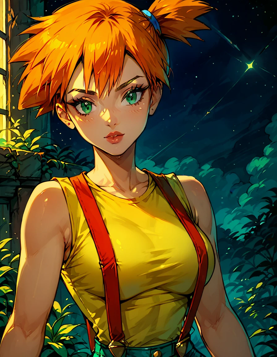 Dark Fantasy Art of score_9, score_8_up, score_7_up, rating_questionable, fantasy, lighting, epiCPhoto 1girl, mature woman, very sexy (Misty_Pokemon), (short hair, orange hair, one side up hair, green eyes, medium breasts, skinny), (yellow t-shirt, tight sleeveless t-shirt, red suspenders:1.3), solo, cute, flirt, gaze, sexy look, half-closed eyes, head tilt, filled lips, thick lips, makeup, face portrait, modelling shoot, sexy pose, fantasy palace setting, dark, moody, dark fantasy style, (night, moonless night:1.2).