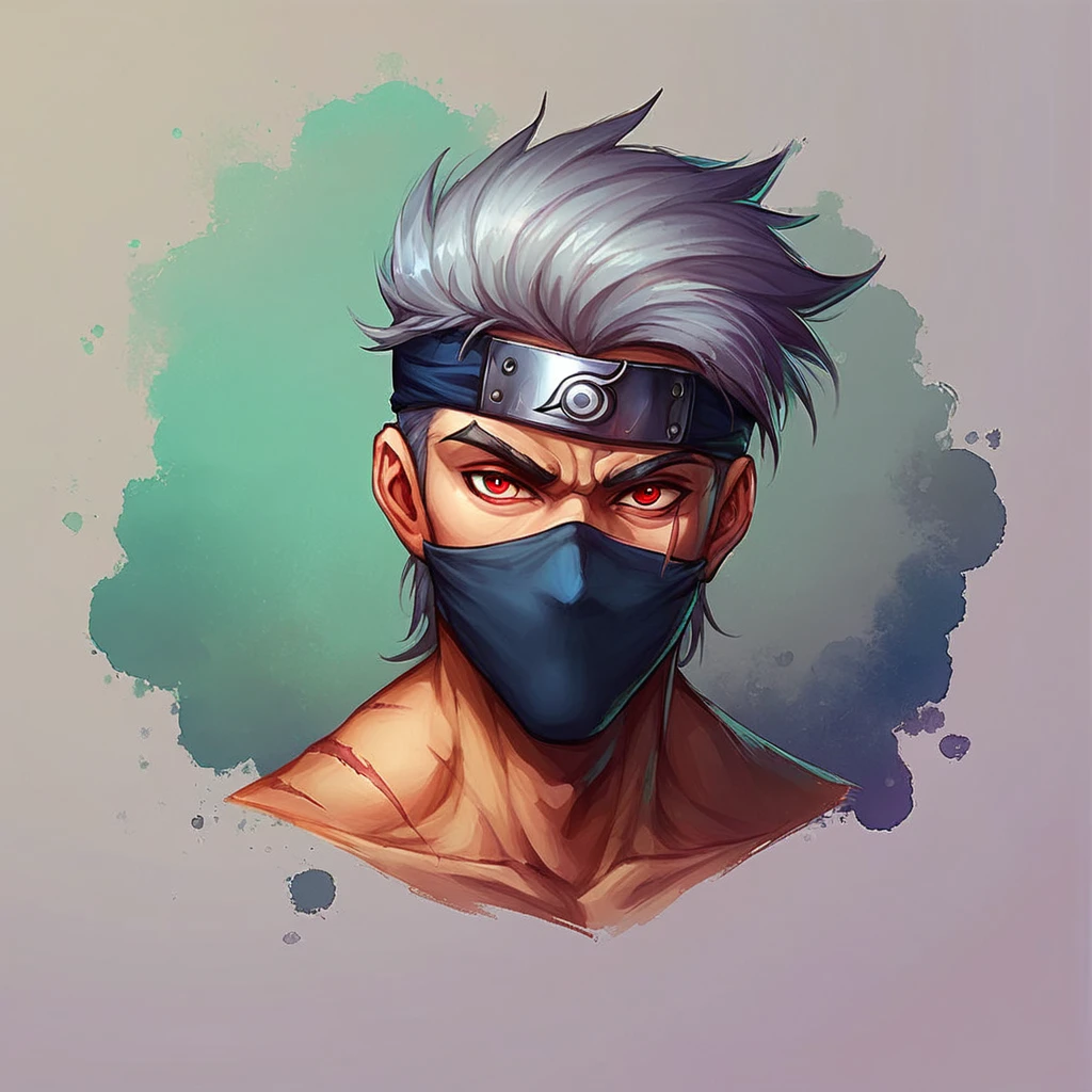 Faded Headshot, faded bottom, faded edges ,score_9,score_8_up,score_7_up,score_6_up,score_5_up, 1boy, kakashi, grey hair, covered mouth, mouth mask, red eye, scar across eye, forehead protector, parted bangs, digital illustration, disney, rule 63, full body, perfect anatomy, perfect face, abstract beauty, beautiful, centered, looking at the camera, approaching perfection, dynamic, moonlight, highly detailed, watercolor painting, artstation, concept art, smooth, sharp focus, illustration, portrait,