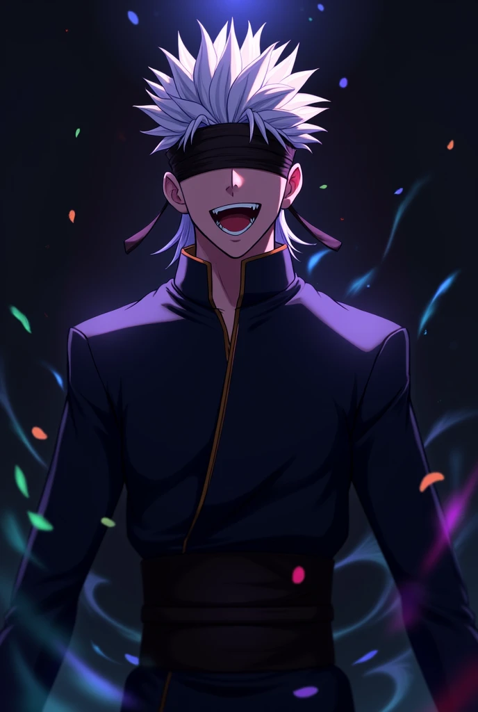 gojou satoru, white hair, purple pants, high collar, blindfold, covered eyes, black blindfold, purple jacket, purple pants, 1boy, solo, alone, <lora:pervert_face_and_pose_illustriousXL-000009:0.8>,  claw pose, mouth drool, blush,masterpiece, highres