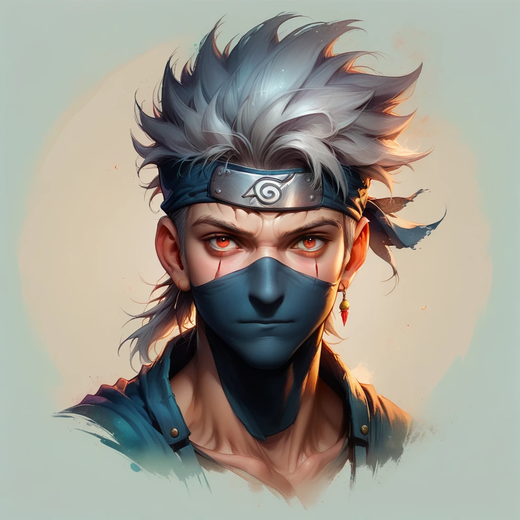 Faded Headshot, faded bottom, faded edges ,score_9,score_8_up,score_7_up,score_6_up,score_5_up, 1boy, kakashi, grey hair, covered mouth, mouth mask, red eye, scar across eye, forehead protector, parted bangs, digital illustration, disney, rule 63, full body, perfect anatomy, perfect face, abstract beauty, beautiful, centered, looking at the camera, approaching perfection, dynamic, moonlight, highly detailed, watercolor painting, artstation, concept art, smooth, sharp focus, illustration, portrait,