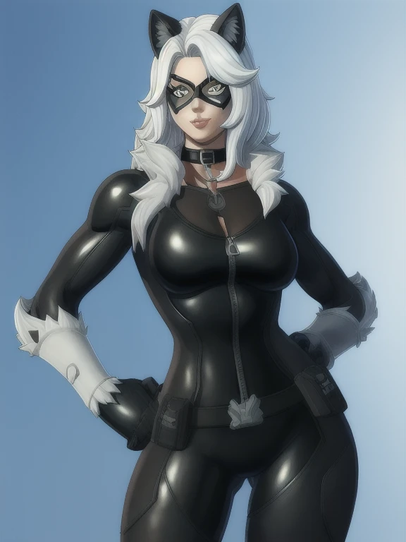 (masterpiece, best quality:1.2), 1girl, solo, Black_Cat_(Fortnite), blackcat, Black Cat, Fortnite, female, long white hair, white hair, domino mask, bodysuit, black bodysuit, gloves, choker, white gloves, collar, superhero, black bodysuit, fur trim, skin tight, zipper,
