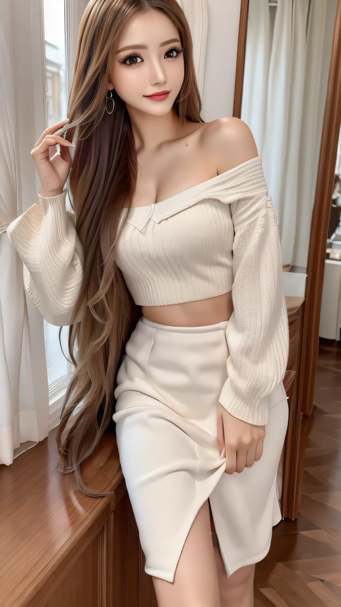 ((Best Quality, Tabletop, Ultra-high resolution、The most complex and detailed depiction))、(Natural Light:1.1)、(spring-like clothes)、(Beautiful woman:1.1)、(Long Wavy Hair:1.05), (Accurate anatomy:1.1)、Colored contact lenses、Perfect Makeup、Natural lips、Highly saturated eyeshadow、Loose off-the-shoulder knit、Short skirt、Blurred Background, Look at me and smile、Luxurious Room、bedroom、(Ultra-high resolution gloss, White skin:1.1)、Ultra-high resolutionの顔、Ultra-high resolutionの髪、Ultra-high resolution sparkling eyes、Ultra-high resolution glossy lips、(Beautiful White skin:1.1)、Beautifully detailed faces、Ultra-high resolution perfect beautiful teeth、(Natural Light:1.1), whole body, 、Beautiful and slim legs、