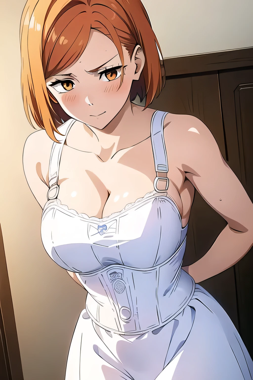 (masterpiece, best quality:1.2), 1girl, female solo, orange eyes, short hair, 160 cm, ginger hair, ch1nac0rs3t, cleavage, overbust blue and white corset, standing, from behind.