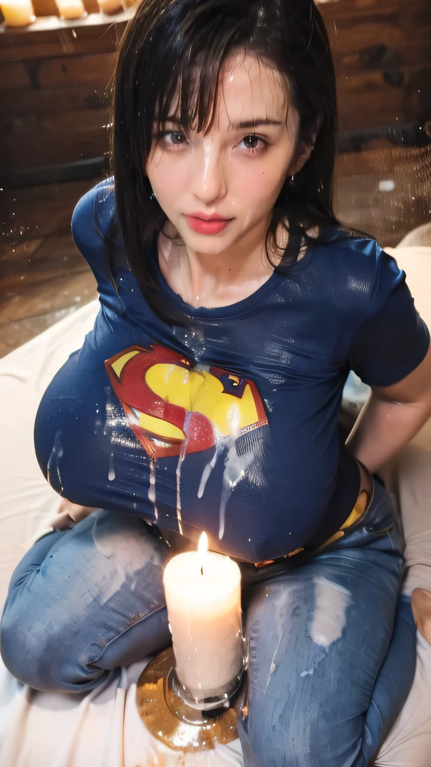 (Skintight blue superman logo t-shirt covered in semen) , massive  breasts boobs in tight  blue superman logo latex superman t-shirt, sitting on a bed, white sticky cum substance, full body photo, oil soaked jeans (detailed superman logo), ((clothes soaked in semen)), candle lit lighting 