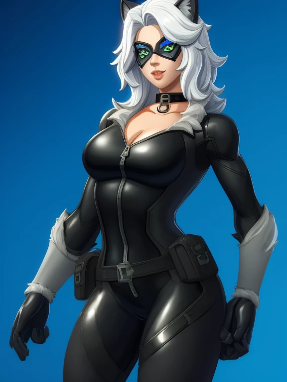 (masterpiece, best quality:1.2), 1girl, solo, Black_Cat_(Fortnite), blackcat, Black Cat, Fortnite, female, long white hair, white hair, domino mask, bodysuit, black bodysuit, gloves, choker, white gloves, collar, superhero, black bodysuit, fur trim, skin tight, zipper,
