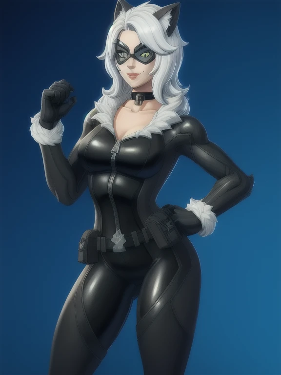 (masterpiece, best quality:1.2), 1girl, solo, Black_Cat_(Fortnite), blackcat, Black Cat, Fortnite, female, long white hair, white hair, domino mask, bodysuit, black bodysuit, gloves, choker, white gloves, collar, superhero, fur trim, skin tight, zipper,
