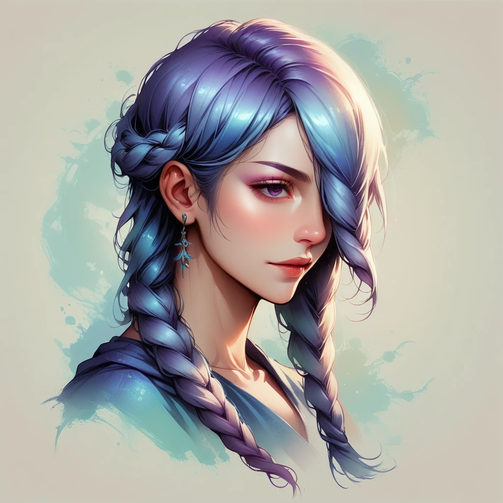 Faded Headshot, faded bottom, faded edges ,score_9,score_8_up,score_7_up,score_6_up,score_5_up, mei mei, long hair, very long hair, braid, hair over one eye, braided ponytail, one eye covered, braided bangs, purple eyes, digital illustration, disney, rule 63, full body, perfect anatomy, perfect face, abstract beauty, beautiful, centered, looking at the camera, approaching perfection, dynamic, moonlight, highly detailed, watercolor painting, artstation, concept art, smooth, sharp focus, illustration, portrait,