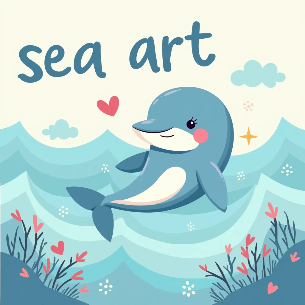 (by Alison Jane) A cute [dolphin], [text "Sea art"], [sea wave], transmit a feeling of childish innocence and happy emotions, vector illustration, flat illustration, pastel colors, simple design, soft lighting and a warm atmosphere,  --stylize 50