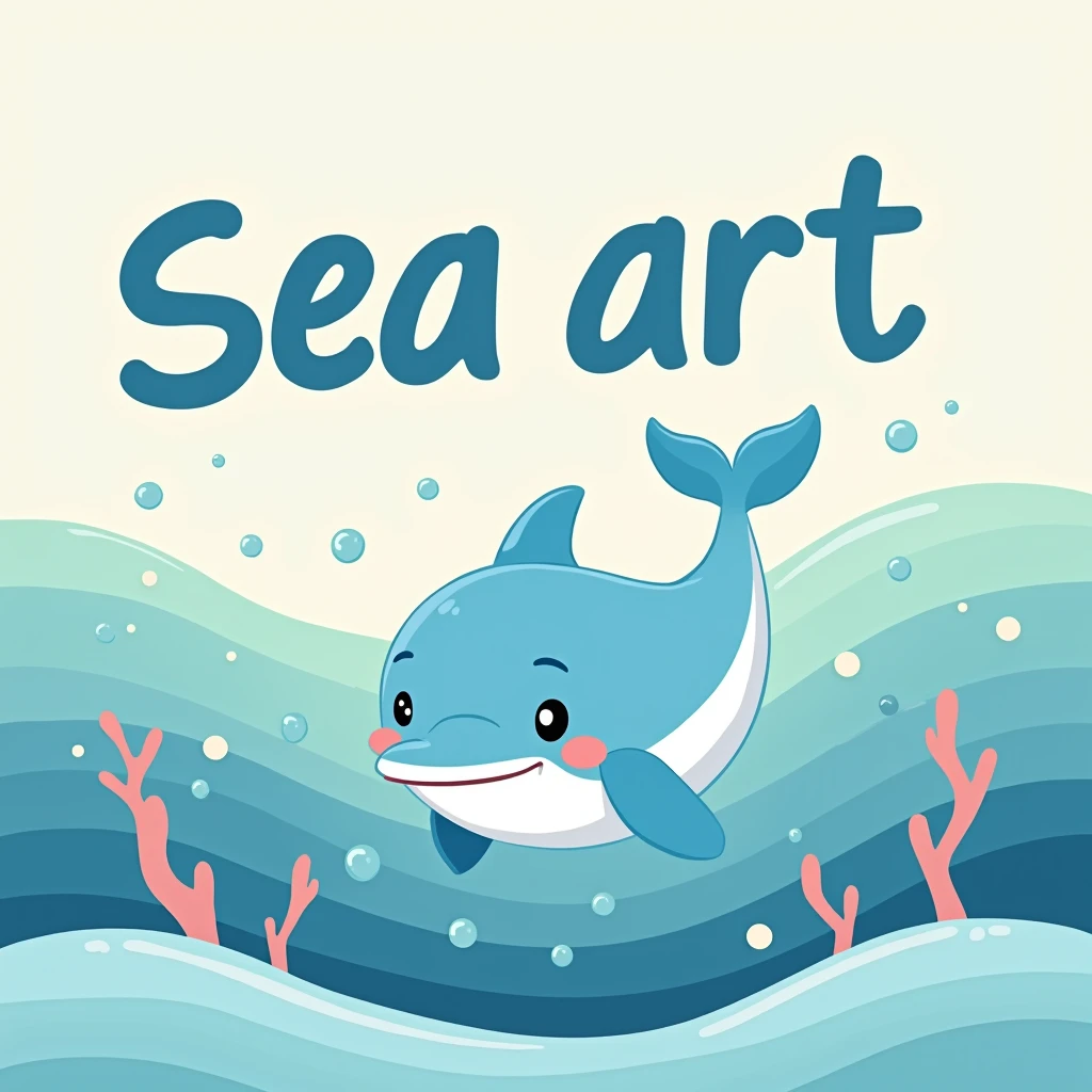 (by Alison Jane) A cute [dolphin], [text "Sea art"], [sea wave], transmit a feeling of childish innocence and happy emotions, vector illustration, flat illustration, pastel colors, simple design, soft lighting and a warm atmosphere,  --stylize 50