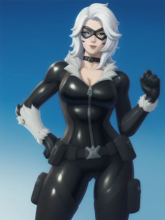 (masterpiece, best quality:1.2), 1girl, solo, Black_Cat_(Fortnite), blackcat, Black Cat, Fortnite, female, long white hair, white hair, domino mask, bodysuit, black bodysuit, gloves, choker, white gloves, collar, superhero, fur trim, skin tight, zipper,
