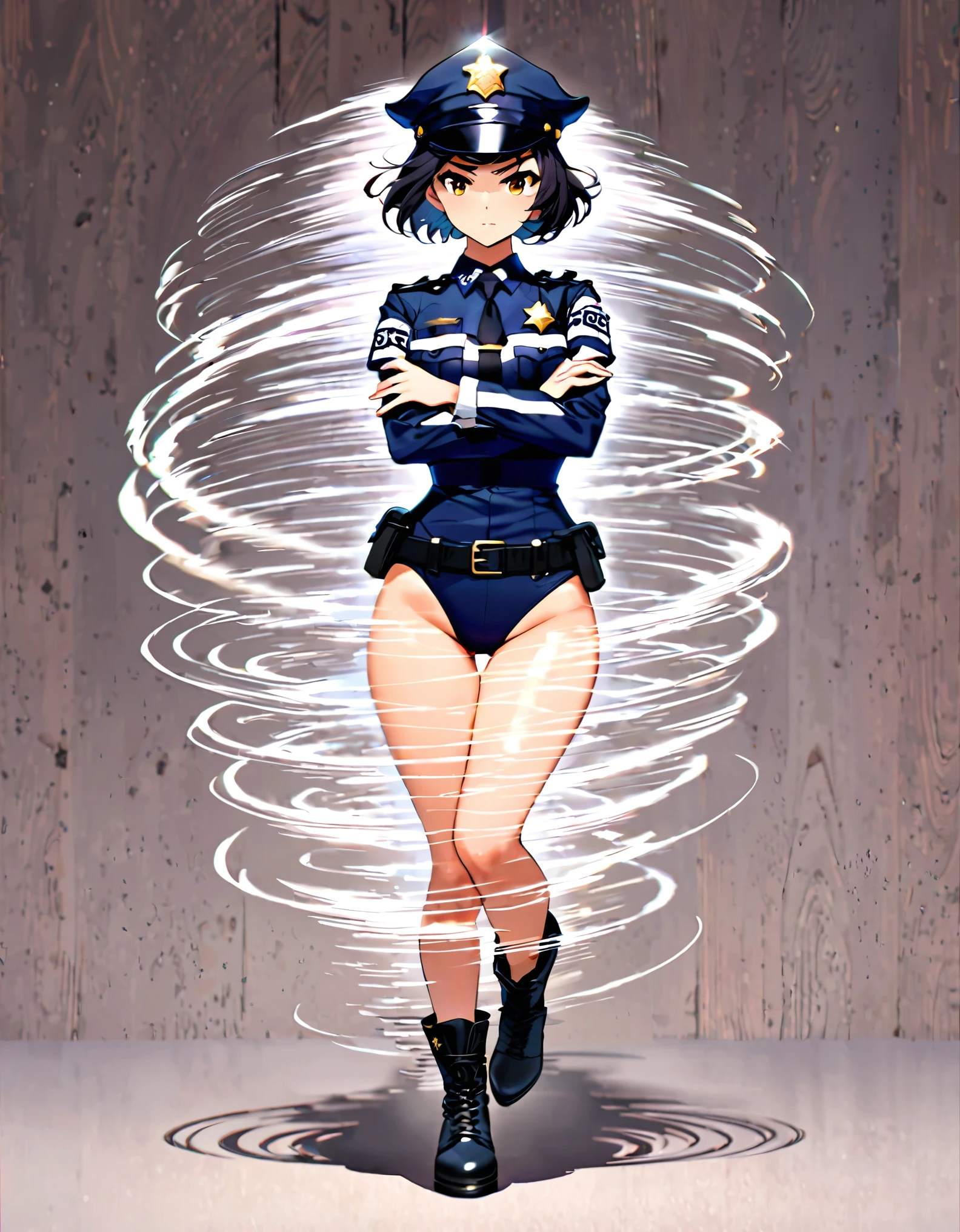 (masterpiece), (best quality), (high res), medium breasts, ((jet black hair, short hair, bob hair, purple eyes, bangs)), japanese police uniform, ((white shirt, black tie)), ((leotard, white and red leotard, matching leotard, bare legs)), matching shoes, badge, solo, solo focus, standing, (full body), cowboy shot, superhero, ((beautiful detailed eyes)), standing straight, full body shot, cowboy shot, superhero, mature lady, (perfect anatomy). spread arms, (spinning), (she spins) fast in place like a (tornado), spinning in place, tornado spinning, rapid gyration, (dynamic spin pose), space backdrop, motion blur, speed lines around her, spiral lines around her, tornado, time warp, (spinning energy pulse around her), light particles, serious.