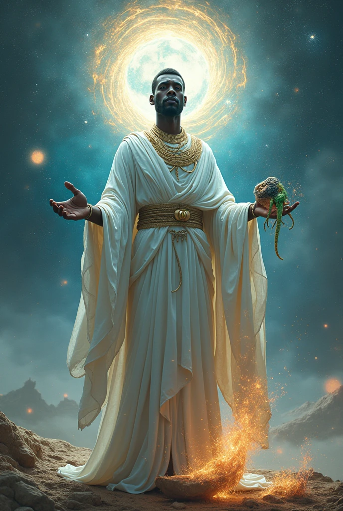 Orisha Black Man, light blue clothes, with a multicolored snake coiled around its body, in a waterfall, with a bright rainbow coming out of his hand