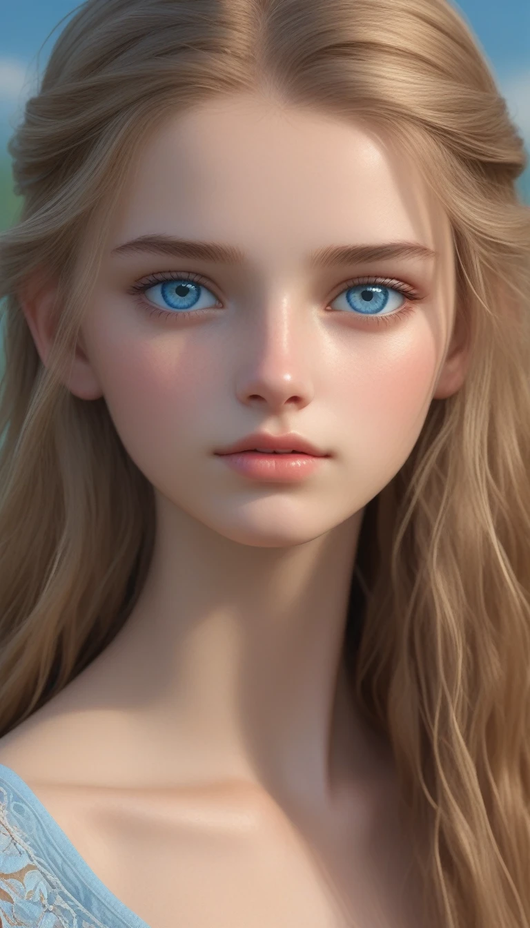 High Quality, Best Quality, Photorealistic, Raw Photo, Realistic, Ultra Real 8K CG, Ultra Detail, High Definition, Masterpiece, 1 Girl, 18 yrs ols, Female Beautiful Face, Soft Face, Elegant, Long Hair, Blue Eyes, Light Blue Eyes, Close Up, Intricate Details, Detailed Textures, Fine Details, Front Face , female natural body, sexy, very beautiful young female face,