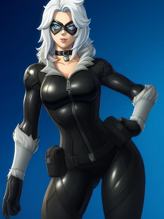 (masterpiece, best quality:1.2), 1girl, solo, Black_Cat_(Fortnite), blackcat, Black Cat, Fortnite, female, long white hair, white hair, blue eyes, domino mask, bodysuit, black bodysuit, gloves, choker, white gloves, collar, fur trim, skin tight, zipper, superhero, 
