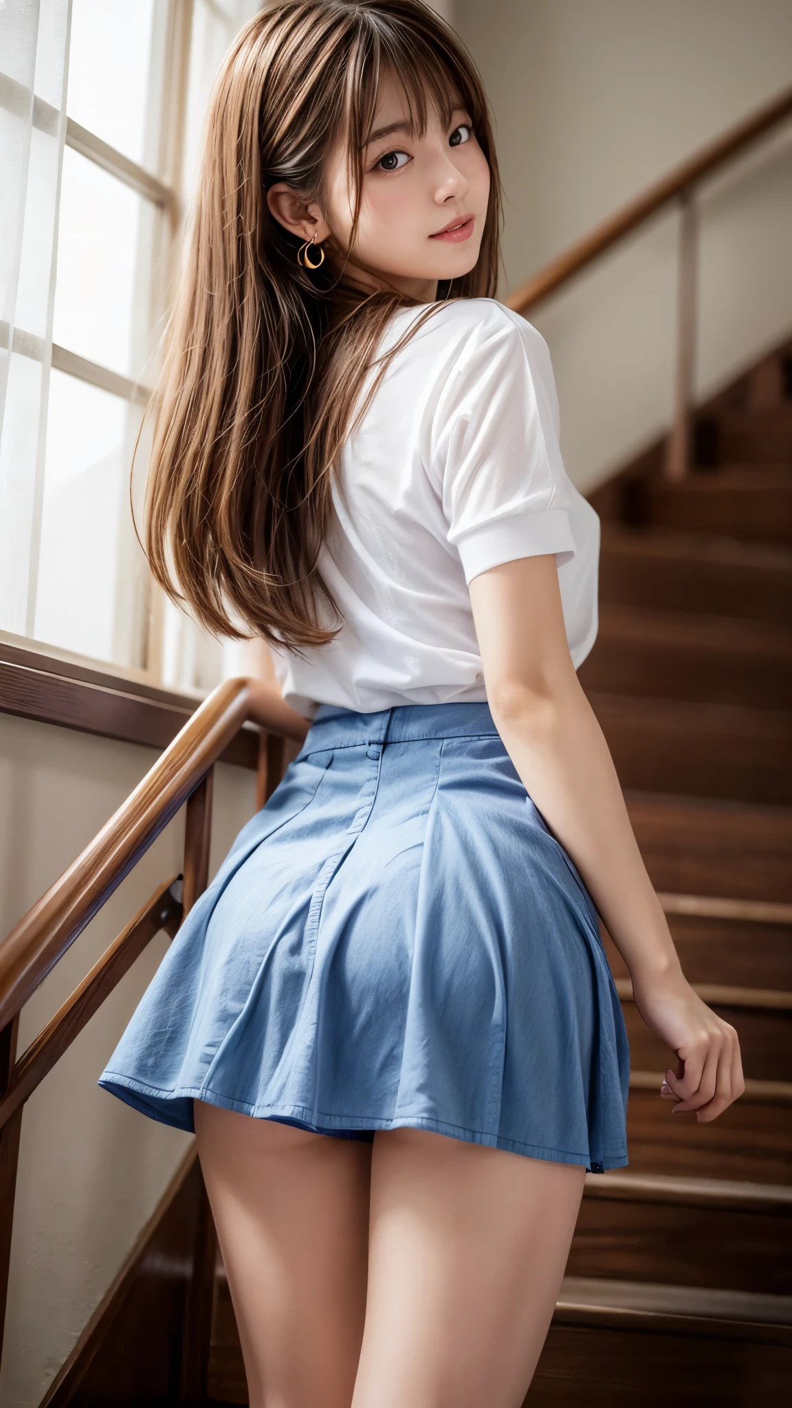 ((Full body photo)),full shot,baby face,beautiful white skin,Very young fair-skinned slender Japanese beautiful girl,disproportionate breasts,large breasts,showing white panties,white see-through dress and white scanty,very short white pleated miniskirt,white high heels,standing on tiptoe,Leaning forward with arms outstretched and hips facing,I can't see my face,looking at another,from quite below,best quality,ultra-detailed,high resolution,Photographed from a distance,flooring room