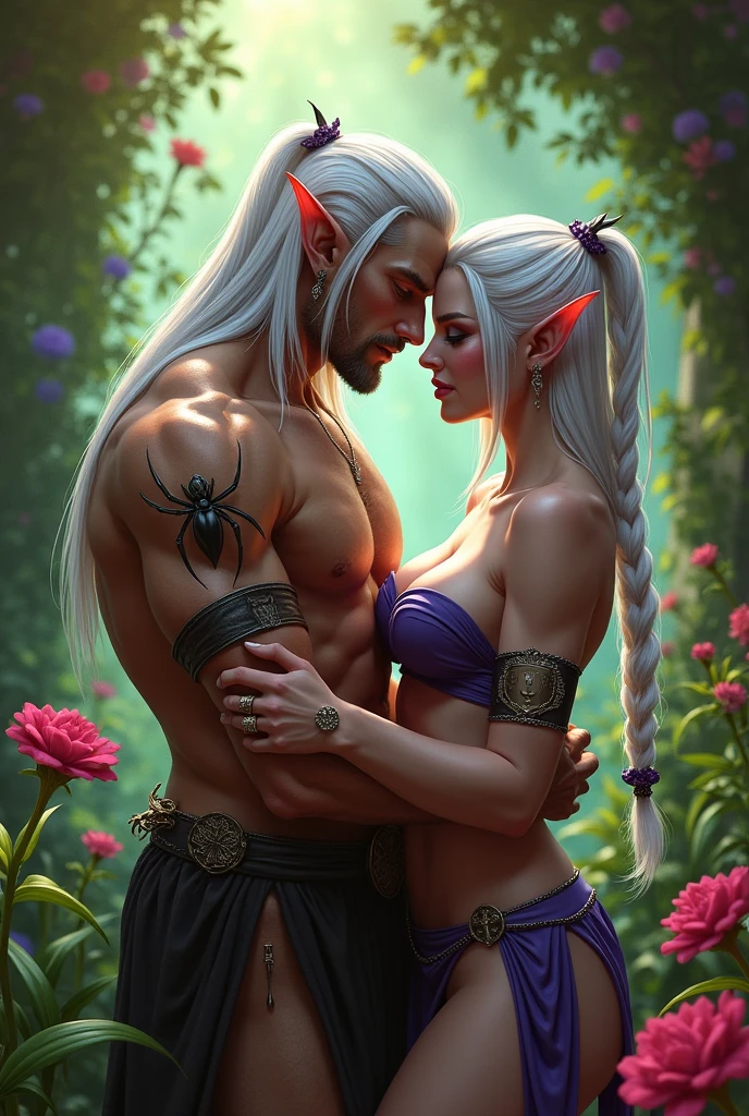 Make a young woman with white hair and purple eyes she is naked, naked.
with her is a very tall man with white hair and purple eyes, he's got his dick out.
they are in a medieval setting 