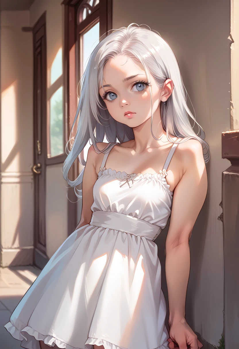 Silver haired woman in a dress, 1 woman, One, sundress, photorealistic, Realism, realistic, Human