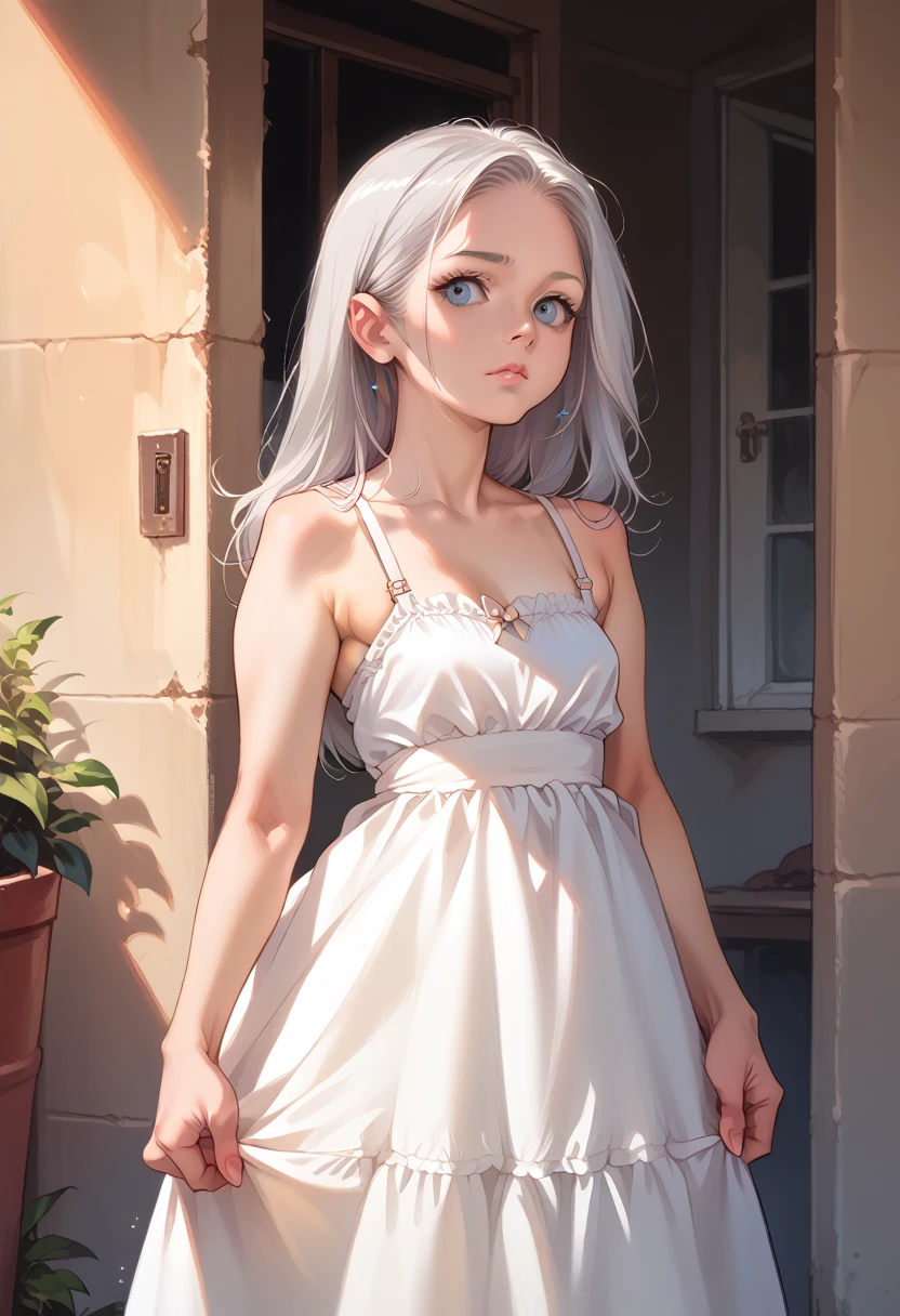 Silver haired woman in a dress, 1 woman, One, sundress, photorealistic, Realism, realistic, Human