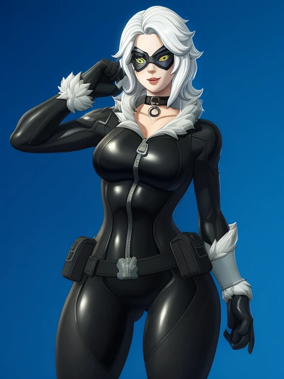 (masterpiece, best quality:1.2), 1girl, solo, Black_Cat_(Fortnite), blackcat, Black Cat, Fortnite, female, long white hair, white hair, blue irises, domino mask, bodysuit, black bodysuit, gloves, choker, white gloves, collar, fur trim, skin tight, zipper, superhero, hourglass figure, medium breasts
