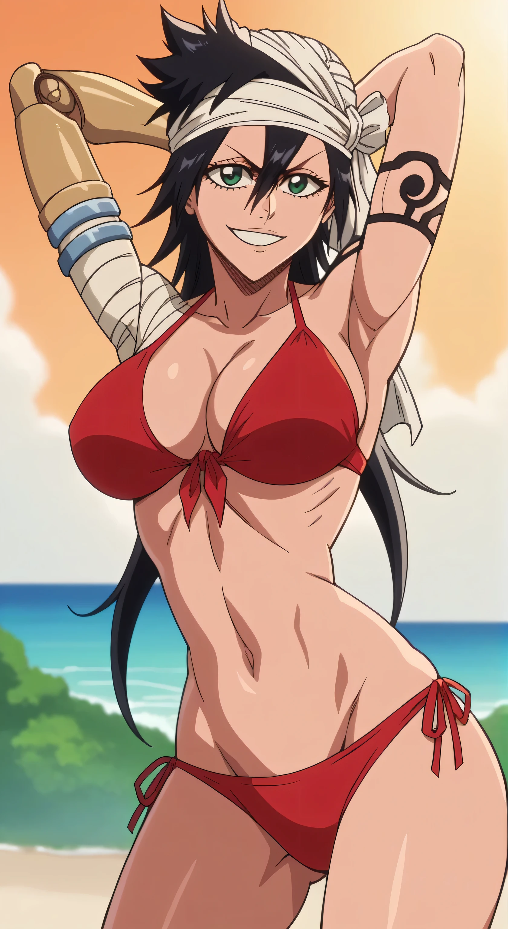 score_9, score_8_up, score_7_up, source_anime, anime screencap, outdoors, beach, day, bleach_tybw_style, shiba kukaku, black hair, amputee, prosthesis, prosthetic arm, tattoo, green eyes, large breasts, bikini, side tie bikini, red bikini, thighs, bandages, bandaged head, bandaged arm, looking at viewer, eye contact with viewer, smile, grin, closed mouth, arms behind head 