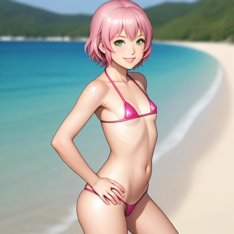 A very young ，Elita, Pink Hair, Short Hair, Green Eyes, Small breasts, Micro Bikini, Pink Bikini, Silk Bikini, Very short stature，Flat Chest，Very thin thighs，Very small ass，smile, Focus Only, Cowboy Shot, [Dynamic pose, Beach, coastal, Lighting, Shadow, Blurred Background, Realistic, masterpiece, high quality, 最high quality, Perfect Face, Expressive eyes