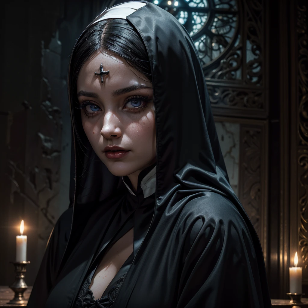 a knight templar woman, dark clothing, shrouded in shadows, glowing red eyes, 8k high quality, hyper realistic, highly detailed, dramatic lighting, cinematic, photorealistic, masterpiece, intricate detail, chiaroscuro, moody, dramatic atmosphere, gothic, dramatic pose