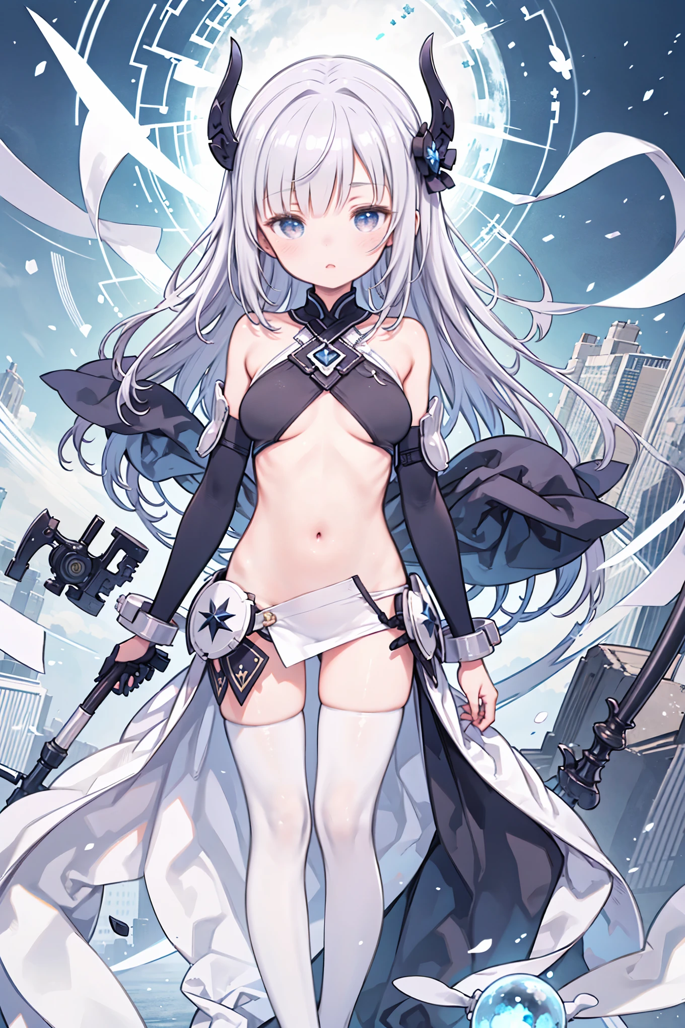 fantasy, 1girl,_teen,lver_hair, short_hair, long_bangs, bare_shoulder,thighhighs,silver_armor, waist_armor, large_breasts,half_eyes,floating, bare_crotch, headgear,gauntlet, greaves,city_background,slightly_spread_legs, solo, groin_naked,hair_over_one_eye, lean back,open_legs,
