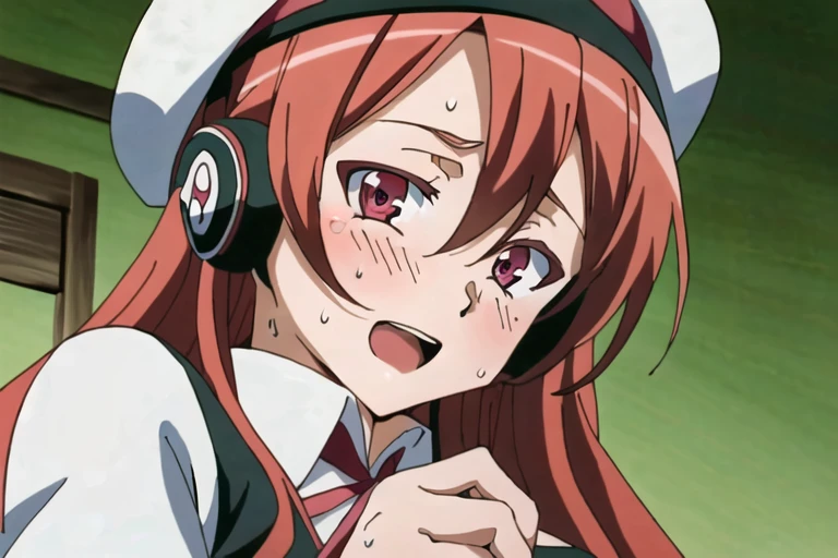 (extremely detailed), (masterpiece), (best quality), (ultra-detailed), (best illustration), (best shadow), (absurdres), (blurry background), Chelsea, 1girl, solo, long hair, headphones, red hair, (aroused facial expression, open mouth, blush, sweat, red eyes, vest, (white beret), white hat, looking at viewer, pink eyes, anime coloring, big breasts, (simple background), close-up, view from below,