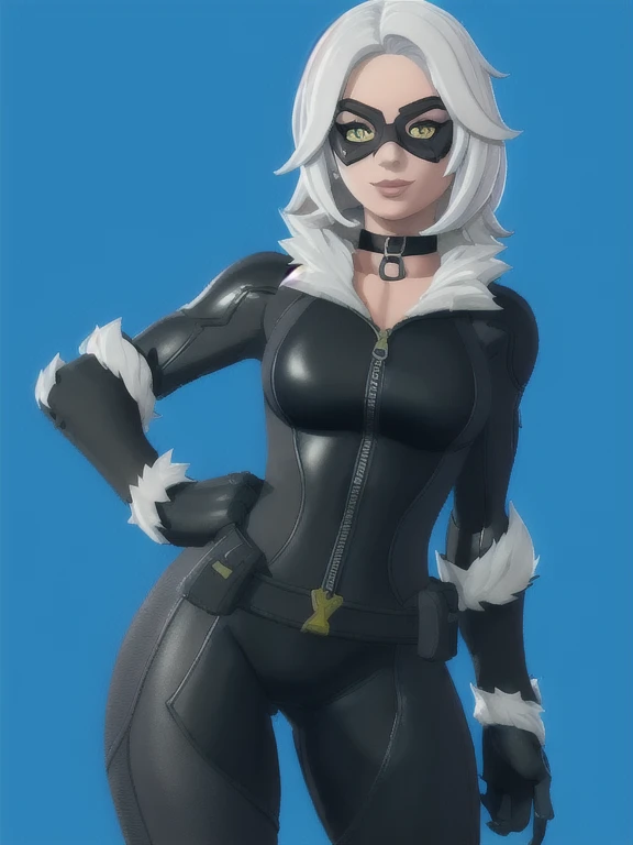 (masterpiece, best quality:1.2), 1girl, solo, Black_Cat_(Fortnite), blackcat, Black Cat, Fortnite, female, long white hair, white hair, blue irises, domino mask, bodysuit, black bodysuit, gloves, choker, white gloves, collar, fur trim, skin tight, zipper, superhero, hourglass figure, medium breasts
