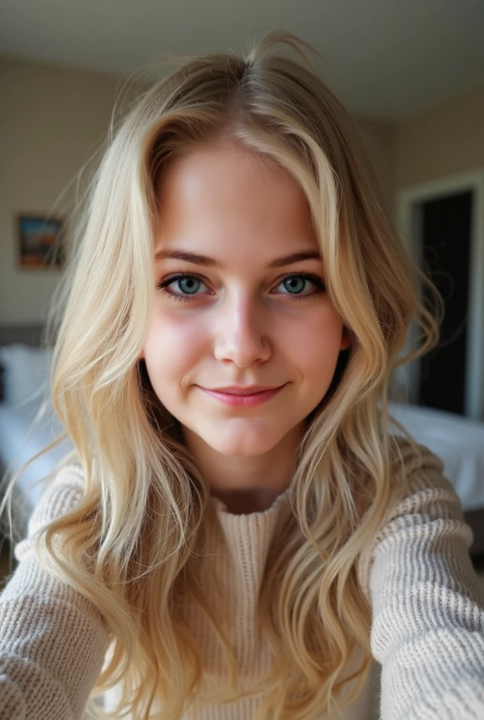 create girl, nordic, super Straight hair average looking blonde, blue eyes, looking directly into camera, upper body selfie, wearing casual clothes, side view, at home, night