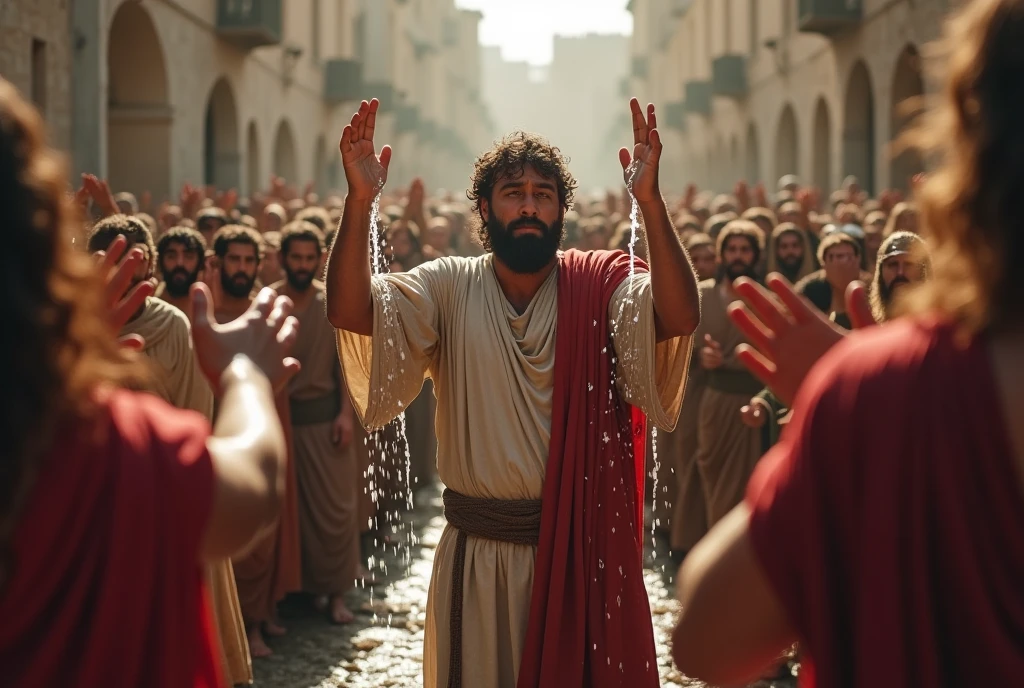 Image of Job from the Bible with wounds on his body in the middle of Jerusalem