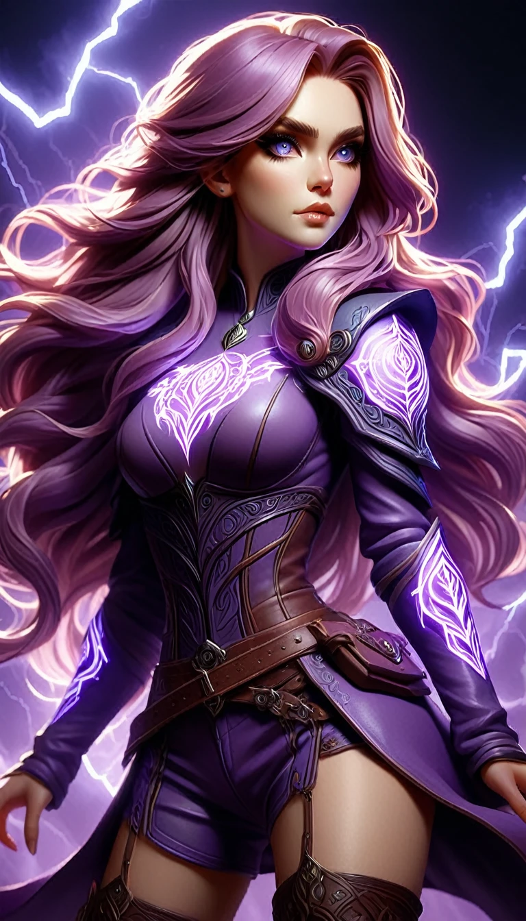 Imogen Temult from "critical role", BREAK: mid 20s woman, lilac coloured hair, long flowing wavy hair style, angular facial features, pale skin, purple Lichtenberg figures on arms and chest, BREAK: wearing skin tight ultra-low-rise booty shorts, brown calf-high leather boots, wearing diaphanous white top, BREAK: summoning lightning beast, spell casting poses, floating, flying, standing, contrapposto stance, BREAK (wide angle:1.27), (full length portrait:1.37), digital painting, dramatic lighting, intricate details, intricately detailed hands, best hands, refined face features, anatomically correct, BREAK: 8k, UHD, award winning digital art, promotional art, BREAK: Glowing Runes, lightning, electric, effect, glow