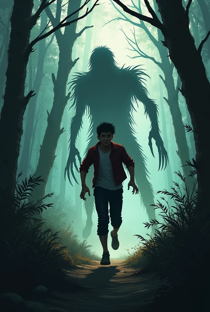 Hutan - night (On the Run)
Or:
- Appearance: Looks panicked and tired while running. His face was filled with expressions of fear and joy at escaping..
- Appearance Umum:
  - Age: About 20 years.
  - Hair: black, short, and a little messy.
  - Leather: mature tan.
  - Face: time, with an expression full of curiosity, emergency, and finally relief. There may be some traces of dirt or sweat from when he ran..
  - Posture: Slim but muscular, demonstrate physical and mental resilience.
- Clothing:
  - Forest (night): The jacket looks dirtier, trousers full of dust and twigs. Hair may appear messier. Flashlight in hand, The small Quran may appear a little wrinkled.

2. Makhluk Gaib
- Appearance Umum:
  - Shape: Not in human form, more like a big black shadow with glowing red eyes. 
  - Face: Not clearly visible, just a dark shadow that has scary glowing red eyes.
  - Feature: The shadow appears to be moving and unstable., giving a supernatural and threatening impression.
- Clothing:
  - No clothes, only appears as a dark force. Shadows have changing shapes and are shapeless..
(Character Action :
  - Or: Run fast, looks panicked and exhausted, messy hair and clothes.)

Or merasa tubuhnya kaku, can&#39;t move. With all his strength, he lifted the Al-Quran and read the surah Al-Falaq out loud. The creature seemed to stop., but not completely backwards. Or terus membaca, until finally the creature slowly fades away, disappeared into the darkness of the forest.