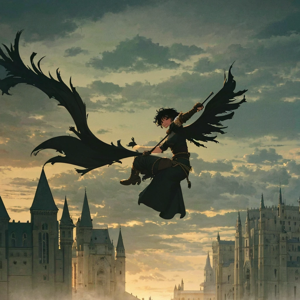 A girl with short black hair and a scar on her face, falling down from a roof, smiling and laughing, medieval dark fantasy setting, ultra-detailed, 8k, high resolution, masterpiece, dark atmosphere, cinematic lighting, moody colors, dramatic pose, wind blowing hair, medieval castle, cloudy sky