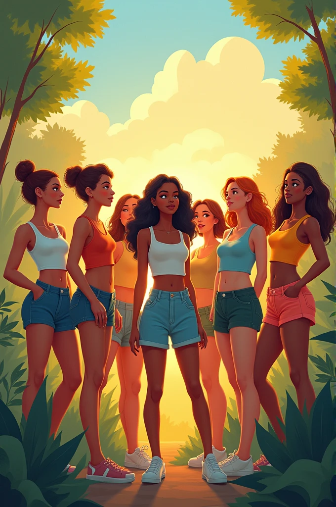 5 Women Dressed as Powerpuff Girls, one of them wears glasses, uma negra, a chubby girl and two brunettes