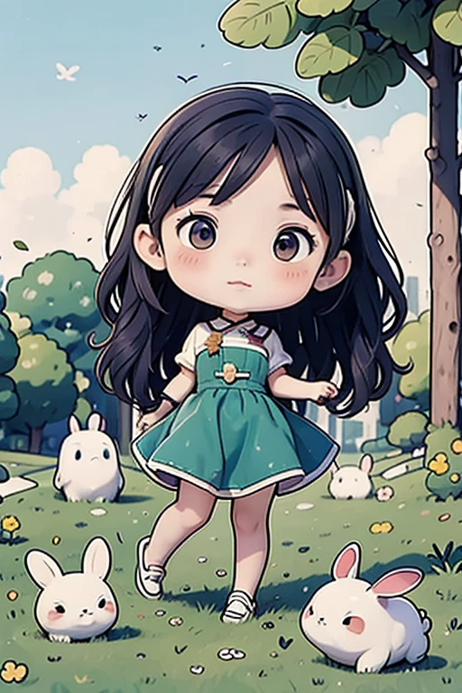 the vibrant colors and expressive eyes of a marigold chibisador dance in a peaceful garden. Her dandy sneakers billow behind her as she carries a playful white rabbit with a heart-shaped patch in her eyes. The grass is swaying gently in the breeze, creating a serene and enchanting atmosphere. Her gaze is surreal, as if frozen in time, and her piercing gaze is able to convey every curve, every intricate detail of her eyes and hair as she basks in the sunshine. It's a scene unlike anything your heart has ever seen before, leaving your eyes filled with excitement and joy.