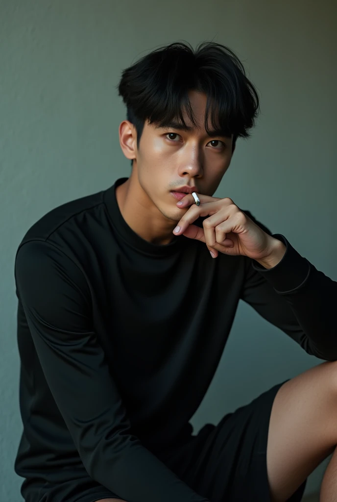 A handsome Asian man, black hair with crew cut hair style, wearing a black hoodie write "SANG PENULIS", torn black jeans. Sitting on a plastic chair and leaning back, exhaling smoke from his mouth, smoking casually, also giving a smoke effect. White painted wall background. Hyper Realistic. Ultra HD. Photography. Very Details