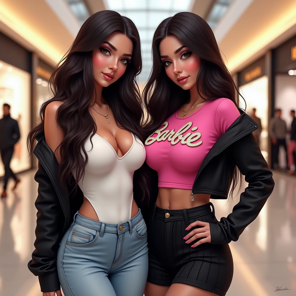 INSTAGRAM MODEL , with long wavy black hair, With her friend,Shoulder-length hair. light blue hair, full body view, sweet outfit, big boobs,  , sitting , (big boobs)