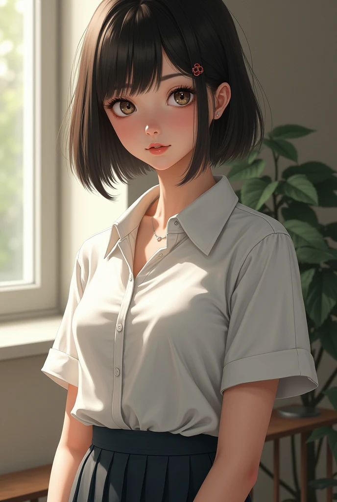 masterpiece, (ultra detailed background, delicate pattern, intricate detail), (highly detailed, fine details), best quality, beautiful lighting, 1girl, solo, Annie, lips, brown hair, blue eyes, freckles, blush, navel, (white collared shirt, tied shirt, navel, gray pants, black belt), complex detailed background, inside, space station environment, room, bunk bed, bookshelf, slim girl, petite girl, (portrait), <lora:AnnieTen:0.7>